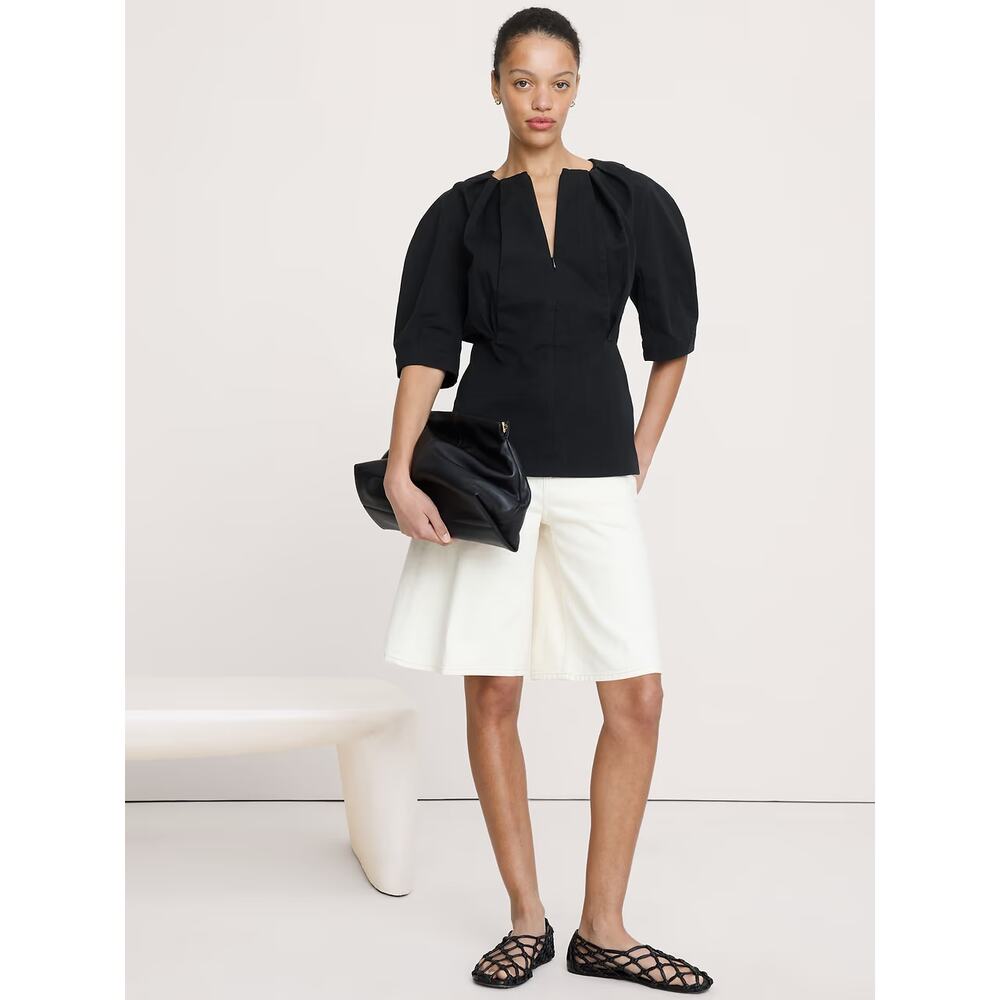 NWT Banana Republic Soft Cotton Puff Sleeve Zip-Neck Blouse Top Black Womens XL